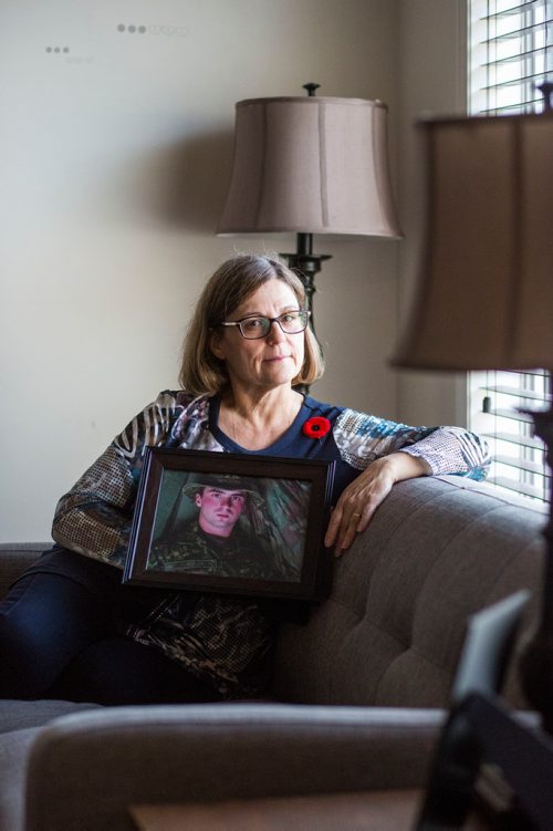 MIKAELA MACKENZIE / WINNIPEG FREE PRESS
Anita Cenerini, who fought for her son to receive full military honours after his suicide and is the 2018 National Silver Cross Mother, poses for a portrait in her home in Winnipeg on Thursday, Nov. 1, 2018. 
Winnipeg Free Press 2018.