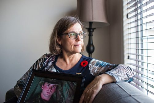 MIKAELA MACKENZIE / WINNIPEG FREE PRESS
Anita Cenerini, who fought for her son to receive full military honours after his suicide and is the 2018 National Silver Cross Mother, poses for a portrait in her home in Winnipeg on Thursday, Nov. 1, 2018. 
Winnipeg Free Press 2018.