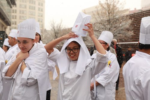 RUTH BONNEVILLE / WINNIPEG FREE PRESS

Standup 

Patisserie students at Red River College Paterson Global Foods Institute in Old Market Square laugh as they try to stay warm and dry from the falling snow after having to evacuate the building during class when a fire alarm went off over the lunch hour Friday. They were given the all-lear to return to class without incident soon after.  

Standup photo 

Nov 2nd , 2018