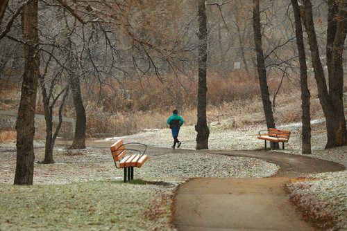 RUTH BONNEVILLE / WINNIPEG FREE PRESS

Standup 
A jogger makes his way down the winding path toward Omands Creek through a picturesque scene of fresh fallen snow Friday morning 
Standup photo 

Nov 2nd , 2018