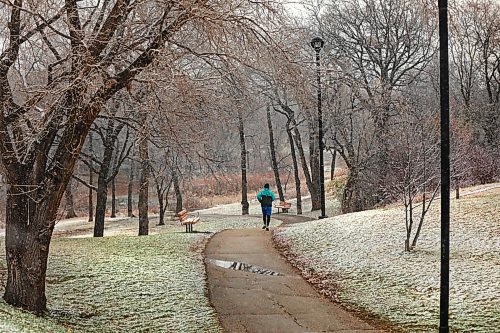 RUTH BONNEVILLE / WINNIPEG FREE PRESS

Standup 
A jogger makes his way down the winding path toward Omands Creek through a picturesque scene of fresh fallen snow Friday morning 
Standup photo 

Nov 2nd , 2018