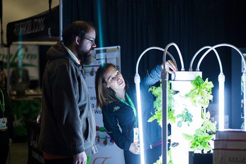 MIKAELA MACKENZIE / WINNIPEG FREE PRESS
Katie Howe shows Marc Imhoff how the tower garden works at the HempFest Cannabis Expo at the RBC Convention Centre in Winnipeg on Saturday, Nov. 3, 2018. 
Winnipeg Free Press 2018.