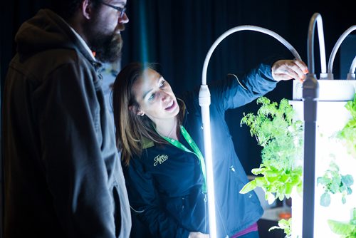 MIKAELA MACKENZIE / WINNIPEG FREE PRESS
Katie Howe shows Marc Imhoff how the tower garden works at the HempFest Cannabis Expo at the RBC Convention Centre in Winnipeg on Saturday, Nov. 3, 2018. 
Winnipeg Free Press 2018.