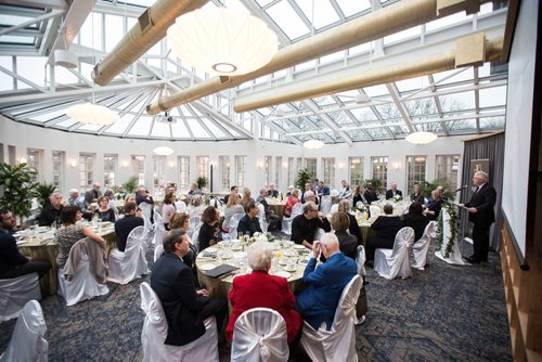 MIKAELA MACKENZIE / WINNIPEG FREE PRESS
Mark Adams, Jubilee Fund President, welcomes people to the Jubilee Fund Champagne Brunch at the Assiniboine Park Pavilion Atrium in Winnipeg on Saturday, Nov. 3, 2018. 
Winnipeg Free Press 2018.