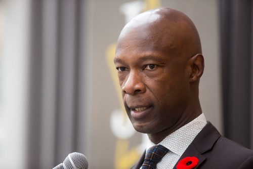 MIKAELA MACKENZIE / WINNIPEG FREE PRESS
Keynote speaker Devon Clunis, former Winnipeg Chief of Police, at the Jubilee Fund Champagne Brunch at the Assiniboine Park Pavilion Atrium in Winnipeg on Saturday, Nov. 3, 2018. 
Winnipeg Free Press 2018.