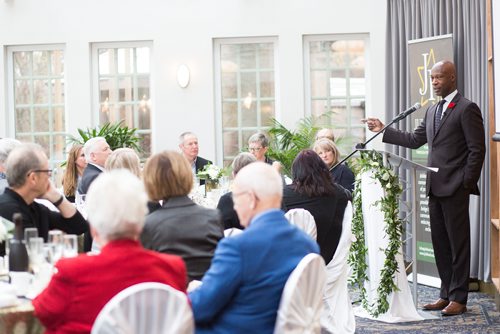 MIKAELA MACKENZIE / WINNIPEG FREE PRESS
Keynote speaker Devon Clunis, former Winnipeg Chief of Police, at the Jubilee Fund Champagne Brunch at the Assiniboine Park Pavilion Atrium in Winnipeg on Saturday, Nov. 3, 2018. 
Winnipeg Free Press 2018.