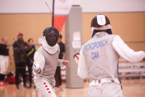 MIKAELA MACKENZIE / WINNIPEG FREE PRESS
Noah Merz Lakser (left) and Liam Prokopowich compete in the Canada Cup West fencing tournament at the Qualico Centre in Winnipeg on Saturday, Nov. 3, 2018. 
Winnipeg Free Press 2018.