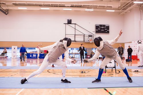 MIKAELA MACKENZIE / WINNIPEG FREE PRESS
Liam Prokopowich (left) and Noah Merz Lakser compete in the Canada Cup West fencing tournament at the Qualico Centre in Winnipeg on Saturday, Nov. 3, 2018. 
Winnipeg Free Press 2018.