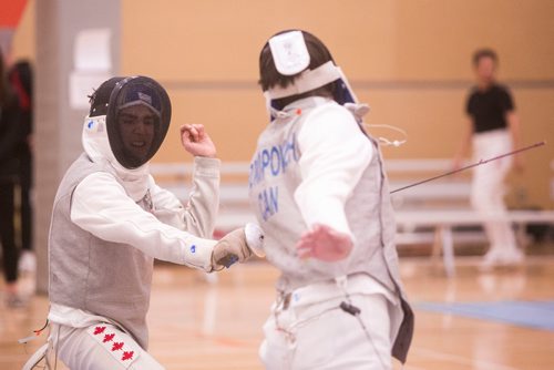 MIKAELA MACKENZIE / WINNIPEG FREE PRESS
Noah Merz Lakser (left) and Liam Prokopowich compete in the Canada Cup West fencing tournament at the Qualico Centre in Winnipeg on Saturday, Nov. 3, 2018. 
Winnipeg Free Press 2018.