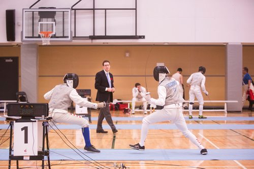 MIKAELA MACKENZIE / WINNIPEG FREE PRESS
Noah Merz Lakser (left) and Liam Prokopowich compete in the Canada Cup West fencing tournament at the Qualico Centre in Winnipeg on Saturday, Nov. 3, 2018. 
Winnipeg Free Press 2018.