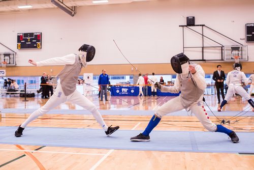 MIKAELA MACKENZIE / WINNIPEG FREE PRESS
Liam Prokopowich (left) and Noah Merz Lakser compete in the Canada Cup West fencing tournament at the Qualico Centre in Winnipeg on Saturday, Nov. 3, 2018. 
Winnipeg Free Press 2018.