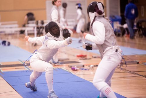 MIKAELA MACKENZIE / WINNIPEG FREE PRESS
Robin Wang (left) and Alice Yang compete in the Canada Cup West fencing tournament at the Qualico Centre in Winnipeg on Saturday, Nov. 3, 2018. 
Winnipeg Free Press 2018.