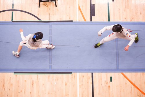 MIKAELA MACKENZIE / WINNIPEG FREE PRESS
Katie Du (left) and Boris Bojanov practice together at the Canada Cup West fencing tournament at the Qualico Centre in Winnipeg on Saturday, Nov. 3, 2018. 
Winnipeg Free Press 2018.