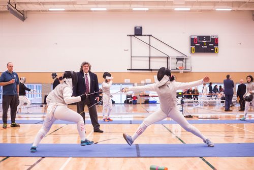 MIKAELA MACKENZIE / WINNIPEG FREE PRESS
Alice Yang (left) and Robin Wang compete in the Canada Cup West fencing tournament at the Qualico Centre in Winnipeg on Saturday, Nov. 3, 2018. 
Winnipeg Free Press 2018.