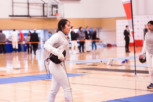 MIKAELA MACKENZIE / WINNIPEG FREE PRESS
Robin Wang competes in the Canada Cup West fencing tournament at the Qualico Centre in Winnipeg on Saturday, Nov. 3, 2018. 
Winnipeg Free Press 2018.