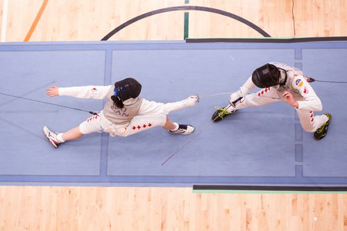 MIKAELA MACKENZIE / WINNIPEG FREE PRESS
Katie Du (left) and Boris Bojanov practice together at the Canada Cup West fencing tournament at the Qualico Centre in Winnipeg on Saturday, Nov. 3, 2018. 
Winnipeg Free Press 2018.