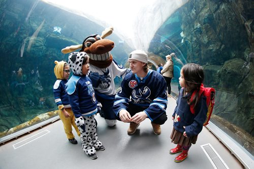 JOHN WOODS / WINNIPEG FREE PRESS
Manitoba Moose player Sami Niku and Mickey Moose chat with, from left, Gerrard, Conway and Meika at Gateway to The North at Assiniboine Park Sunday, November 4, 2018. Moose players presented the Assiniboine Park Conservancy's Polar Bear Rescue Team with a cheque for $8,540.06 raised from an auction of polar bear themed jerseys worn last season.