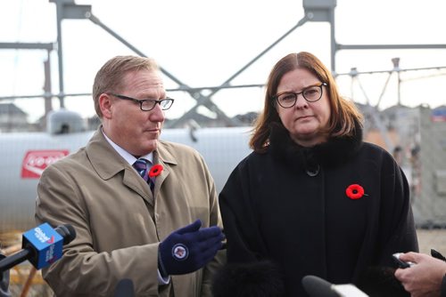 MIKE DEAL / WINNIPEG FREE PRESS
Families Minister Heather Stefanson and Finance Minister Scott Fielding during an announcement for the Child Care Centre Development Tax Credit at the future site of the Qualico Child Care Centre, ?215 Boulevard des Hivernants North in the Sage Creek neighbourhood. ?
181105 - Monday, November 5, 2018