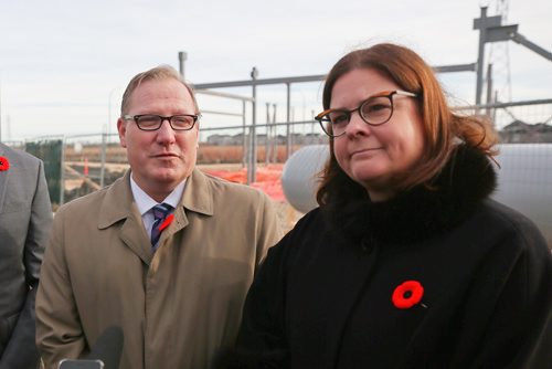 MIKE DEAL / WINNIPEG FREE PRESS
Families Minister Heather Stefanson and Finance Minister Scott Fielding during an announcement for the Child Care Centre Development Tax Credit at the future site of the Qualico Child Care Centre, ?215 Boulevard des Hivernants North in the Sage Creek neighbourhood. ?
181105 - Monday, November 5, 2018
