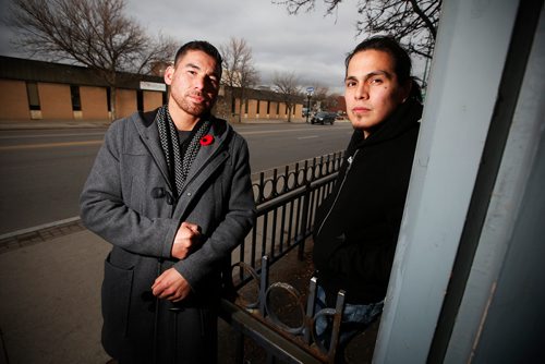 JOHN WOODS / WINNIPEG FREE PRESS
Jonathan Meikle, left, and Matthew Shorting photographed Monday, November 5, 2018 on Broadway intervened in a bus attack Sunday when they were riding the 170 on Main at St Mary. Allegedly, the friends intervened when another indigenous man made racial slurs against a black passenger. Meikle was stabbed in the leg when the man pulled a knife. They held the man until police arrived. The men are members of the Bear Clan.