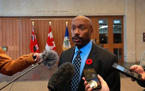 RUTH BONNEVILLE / WINNIPEG FREE PRESS


 Councillor-elect Markus Chambers,  appointed deputy mayor of Winnipeg, talks to reporters at City Hall Monday. 


Nov 5th , 2018