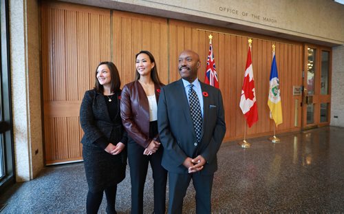 RUTH BONNEVILLE / WINNIPEG FREE PRESS

Three new council members, Sherri Rollins, Vivian Santos and Markus Chambers pose for photo at City Hall Monday afternoon after mayor Brian Bowman announces EPC members. 

 Names and positions from left:
Sherri Rollins (Fort Rouge-East Fort Garry): Protection, Community Services and Parks, Point Douglas councillor-elect Vivian Santos has been appointed acting deputy mayor  and  Councillor-elect Markus Chambers appointed deputy mayor of Winnipeg


Nov 5th , 2018