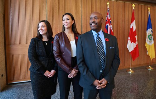 RUTH BONNEVILLE / WINNIPEG FREE PRESS

Three new council members, Sherri Rollins, Vivian Santos and Markus Chambers pose for photo at City Hall Monday afternoon after mayor Brian Bowman announces EPC members. 

 Names and positions from left:
Sherri Rollins (Fort Rouge-East Fort Garry): Protection, Community Services and Parks, Point Douglas councillor-elect Vivian Santos has been appointed acting deputy mayor  and  Councillor-elect Markus Chambers appointed deputy mayor of Winnipeg


Nov 5th , 2018