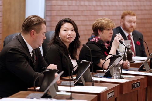JOHN WOODS / WINNIPEG FREE PRESS
School trustees, from left, Mark Wasyliw, ?Yijie Chen, Lisa Naylor and ?Chris Broughton at the first Winnipeg School Board meeting for the 2018-19 school year Monday, November 5, 2018.
