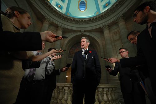 RUTH BONNEVILLE / WINNIPEG FREE PRESS

Premier Brian Pallister answers questions from the media regarding the carbon tax issue with Trudeau's  feds  after question period in the house, in the rotunda at the  Legislative Building Tuesday.


Nov 6th , 2018