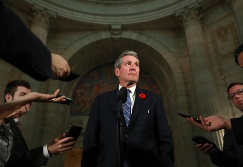 RUTH BONNEVILLE / WINNIPEG FREE PRESS

Premier Brian Pallister answers questions from the media regarding the carbon tax issue with Trudeau's  feds  after question period in the house, in the rotunda at the  Legislative Building Tuesday.


Nov 6th , 2018