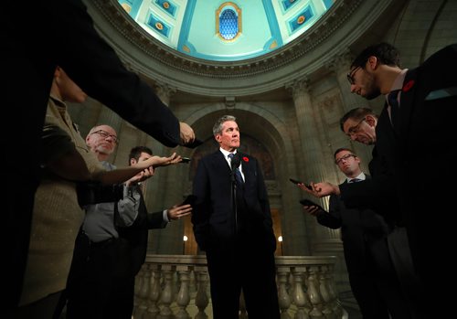 RUTH BONNEVILLE / WINNIPEG FREE PRESS

Premier Brian Pallister answers questions from the media regarding the carbon tax issue with Trudeau's  feds  after question period in the house, in the rotunda at the  Legislative Building Tuesday.


Nov 6th , 2018