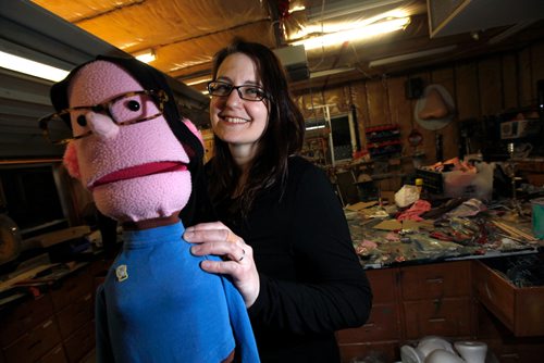 PHIL HOSSACK / WINNIPEG FREE PRESS -Megan Wilding poses with a puppet replicating her at the family's "WoodenSquirrel Workshop" Tuesday night in their St Francios Xavier home. See Sanderson's story.  - November 6, 2018