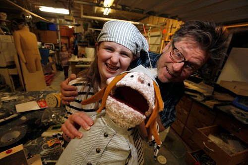 PHIL HOSSACK / WINNIPEG FREE PRESS -Jasper Lily 12, and her dad Gord Wilding pose with a puppet replicating her at the family's "WoodenSquirrel Workshop" Tuesday night in their St Francios Xavier home. See Sanderson's story.  - November 6, 2018