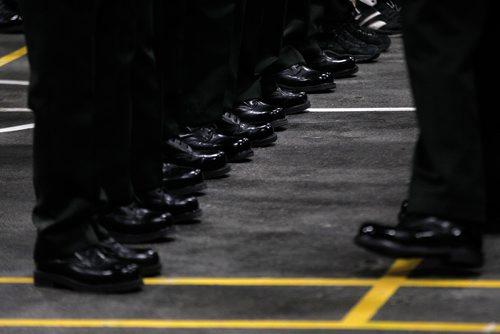 PHIL HOSSACK / WINNIPEG FREE PRESS - BORDERS - Boots shine as a Warrant Officer inspects Cadets of the 1226 Fort Garry Horse Army Cadet Corps worked their parade drill Wednesday evening preparing for ceremonies and parade on Rememberance Day at McGregor Armoury. - November 7, 2018