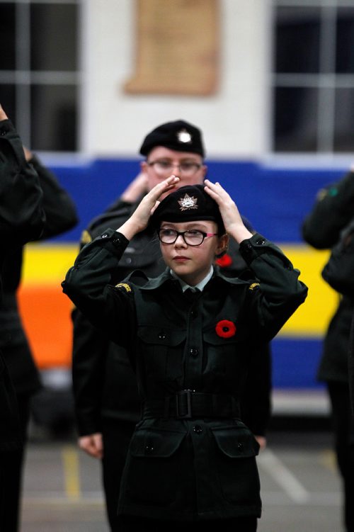 PHIL HOSSACK / WINNIPEG FREE PRESS - BORDERS - Cadets of the 1226 Fort Garry Horse Army Cadet Corps worked their parade drill Wednesday evening preparing for ceremonies and parade on Rememberance Day at McGregor Armoury. - November 7, 2018