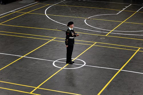 PHIL HOSSACK / WINNIPEG FREE PRESS - BORDERS - 'Eyes right' Warrant Officer Lee-Ann Shaler-Cadotte leads Cadets of the 1226 Fort Garry Horse Army Cadet Corps working their parade drill Wednesday evening preparing for ceremonies and parade on Rememberance Day at McGregor Armoury. - November 7, 2018