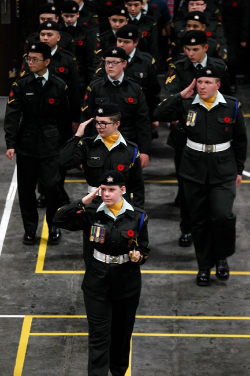 PHIL HOSSACK / WINNIPEG FREE PRESS - BORDERS - 'Eyes right' Warrant Officer Lee-Ann Shaler-Cadotte leads Cadets of the 1226 Fort Garry Horse Army Cadet Corps working their parade drill Wednesday evening preparing for ceremonies and parade on Rememberance Day at McGregor Armoury. - November 7, 2018