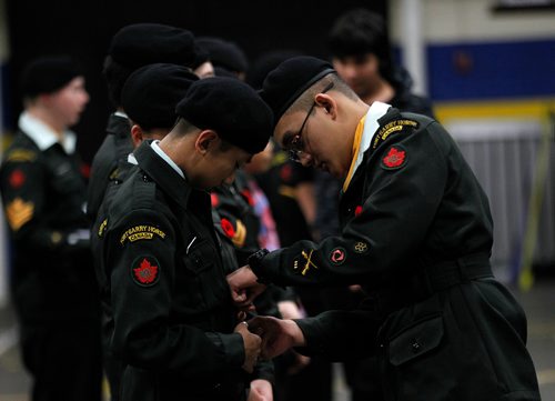 PHIL HOSSACK / WINNIPEG FREE PRESS - BORDERS - Cadets of the 1226 Fort Garry Horse Army Cadet Corps worked their parade drill Wednesday evening preparing for ceremonies and parade on Rememberance Day at McGregor Armoury. - November 7, 2018