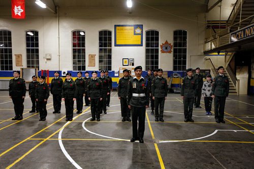 PHIL HOSSACK / WINNIPEG FREE PRESS - BORDERS - Cadets of the 1226 Fort Garry Horse Army Cadet Corps working their parade drill Wednesday evening preparing for ceremonies and parade on Rememberance Day at McGregor Armoury. - November 7, 2018