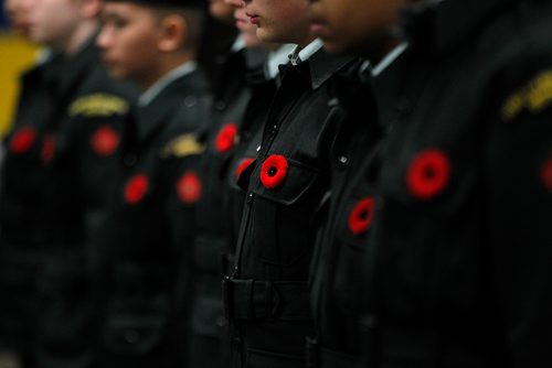 PHIL HOSSACK / WINNIPEG FREE PRESS - BORDERS - Poppies blaze on the left hand pocket button hole as Cadets of the 1226 Fort Garry Horse Army Cadet Corps worked their parade drill Wednesday evening preparing for ceremonies and parade on Rememberance Day at McGregor Armoury. - November 7, 2018