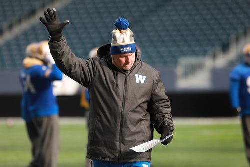 RUTH BONNEVILLE / WINNIPEG FREE PRESS

Paul LaPolice, offensive coordinator for the Winnipeg Blue Bombers, on the field during the teams practice at Investors Group Field Thursday.  

Nov 8th , 2018