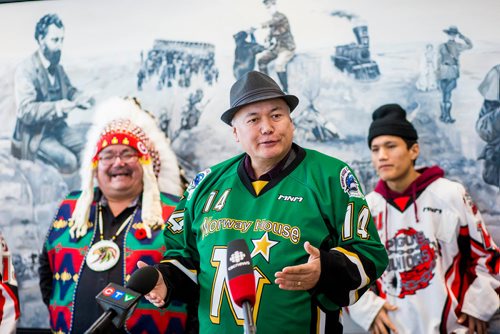 MIKAELA MACKENZIE / WINNIPEG FREE PRESS
Chief Larson Anderson of Norway House speaks to the media after launching a lawsuit against the newly formed Capital Region Junior Hockey League at True North Square in Winnipeg on Friday, Nov. 9, 2018. 
Winnipeg Free Press 2018.