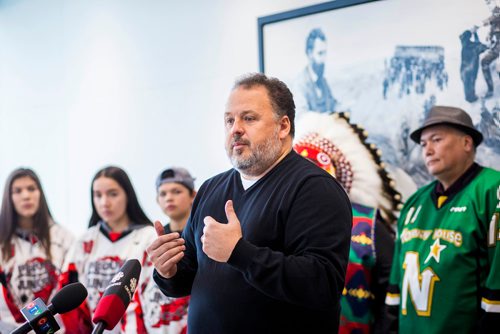 MIKAELA MACKENZIE / WINNIPEG FREE PRESS
Jamie Kagan, lawyer with TDS Law, speaks to the media after launching a lawsuit against the newly formed Capital Region Junior Hockey League at True North Square in Winnipeg on Friday, Nov. 9, 2018. 
Winnipeg Free Press 2018.