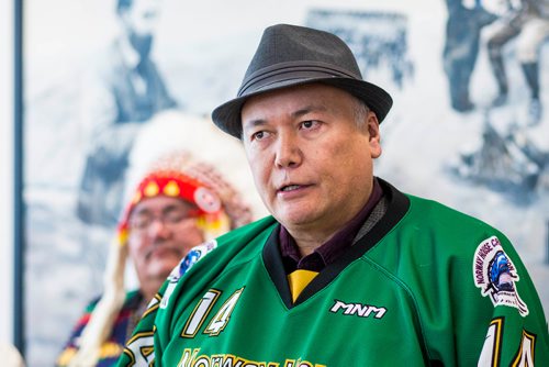 MIKAELA MACKENZIE / WINNIPEG FREE PRESS
Chief Larson Anderson of Norway House speaks to the media after launching a lawsuit against the newly formed Capital Region Junior Hockey League at True North Square in Winnipeg on Friday, Nov. 9, 2018. 
Winnipeg Free Press 2018.