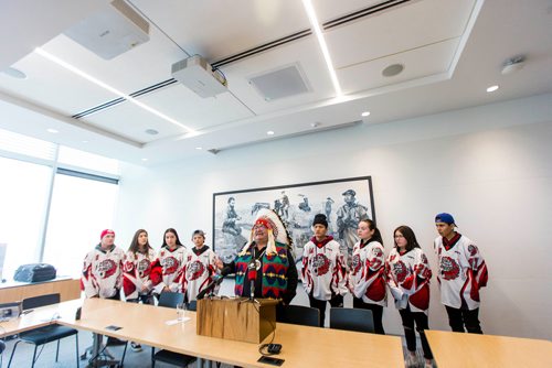 MIKAELA MACKENZIE / WINNIPEG FREE PRESS
Chief Glenn Hudson of Peguis First Nation speaks to the media after launching a lawsuit against the newly formed Capital Region Junior Hockey League at True North Square in Winnipeg on Friday, Nov. 9, 2018. 
Winnipeg Free Press 2018.