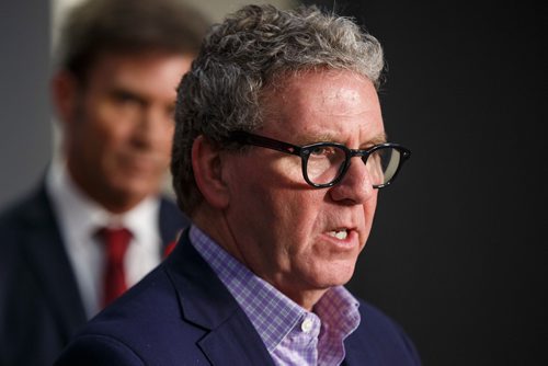 MIKE DEAL / WINNIPEG FREE PRESS
Outgoing Chair of the Winnipeg Police Board, David Asper, answers questions from the media after Mayor Brian Bowman says he will be nominating Councillor Kevin Klein as his replacement when his term expires at the end of December. 
181109 - Friday, November 09, 2018.