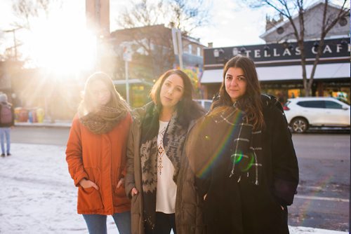 MIKAELA MACKENZIE / WINNIPEG FREE PRESS
Kelsey Wade (left), Amanda Murdock, and Christina Hajjar pose by Stella's on Sherbrook in Winnipeg on Friday, Nov. 9, 2018. The three of them are speaking out about a workplace culture of harassment at the popular Winnipeg restaurant.
Winnipeg Free Press 2018.