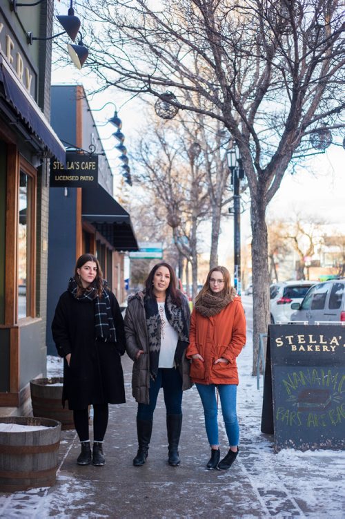 MIKAELA MACKENZIE / WINNIPEG FREE PRESS
Christina Hajjar (left), Amanda Murdock, and Kelsey Wade pose by Stella's on Sherbrook in Winnipeg on Friday, Nov. 9, 2018. The three of them are speaking out about a workplace culture of harassment at the popular Winnipeg restaurant.
Winnipeg Free Press 2018.