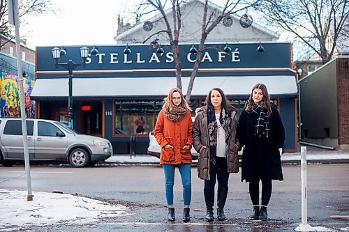 MIKAELA MACKENZIE / WINNIPEG FREE PRESS
Kelsey Wade (left), Amanda Murdock, and Christina Hajjar pose by Stella's on Sherbrook in Winnipeg on Friday, Nov. 9, 2018. The three of them are speaking out about a workplace culture of harassment at the popular Winnipeg restaurant.