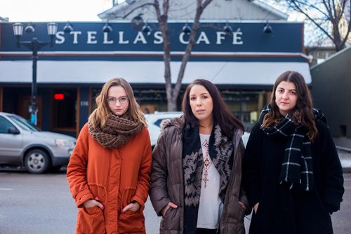 MIKAELA MACKENZIE / WINNIPEG FREE PRESS
Kelsey Wade (left), Amanda Murdock, and Christina Hajjar pose by Stella's on Sherbrook in Winnipeg on Friday, Nov. 9, 2018. The three of them are speaking out about a workplace culture of harassment at the popular Winnipeg restaurant..